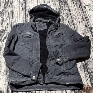 Women’s Buckle Black Hooded Fleece-Lined Jacket distressed